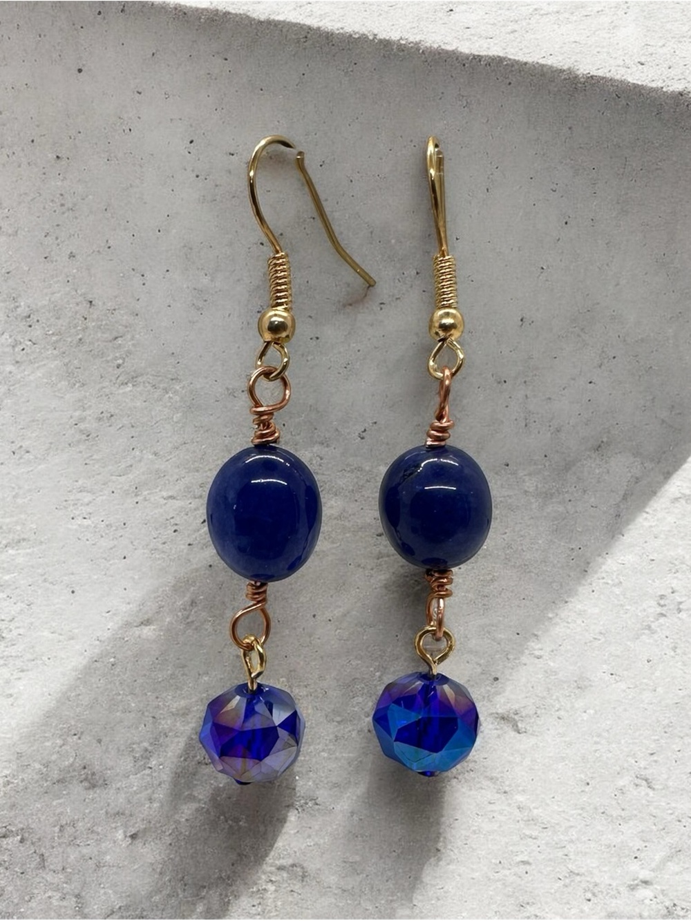 Handmade Blue Beaded Dangle Earrings with Crystal Beads & Gold Hooks